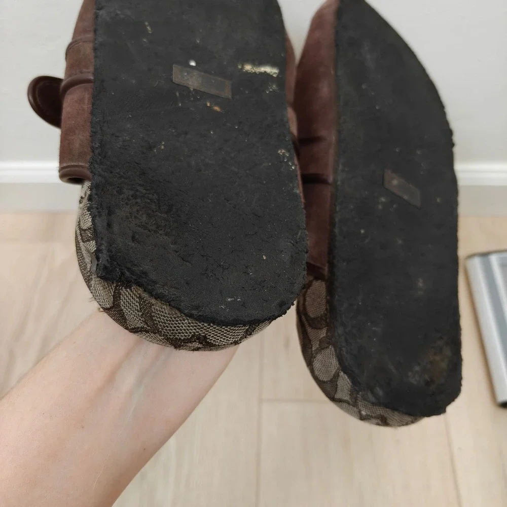 Coach Mens Clogs 12 Brown Suede Buckle Strap Monogram Gorpcore Luxury